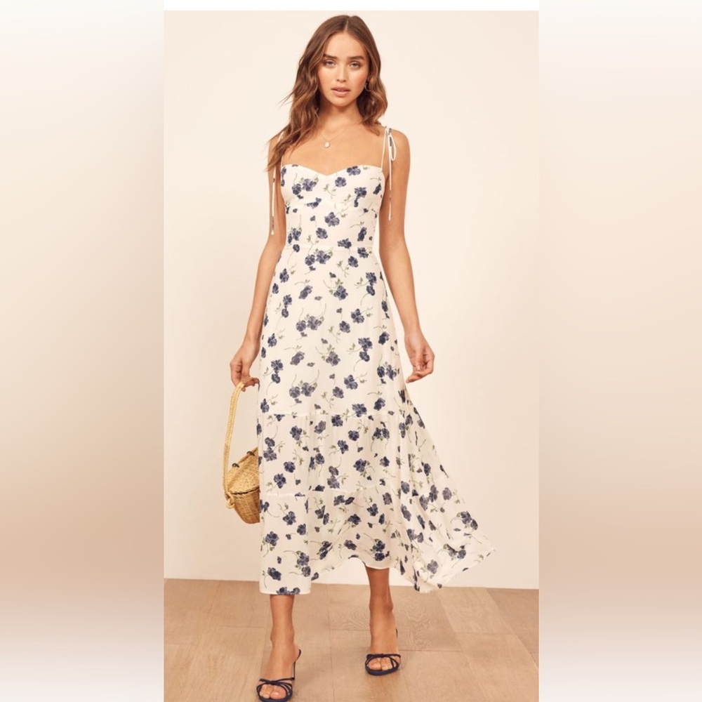 Reformation White Midi Dress with Blue Floral Print